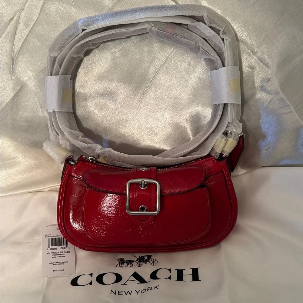 ♥️Coach NWT Red Crinkle Cut Leather Ashton Mini Shoulder Bag withSilver Hardware - Picture 4 of 9